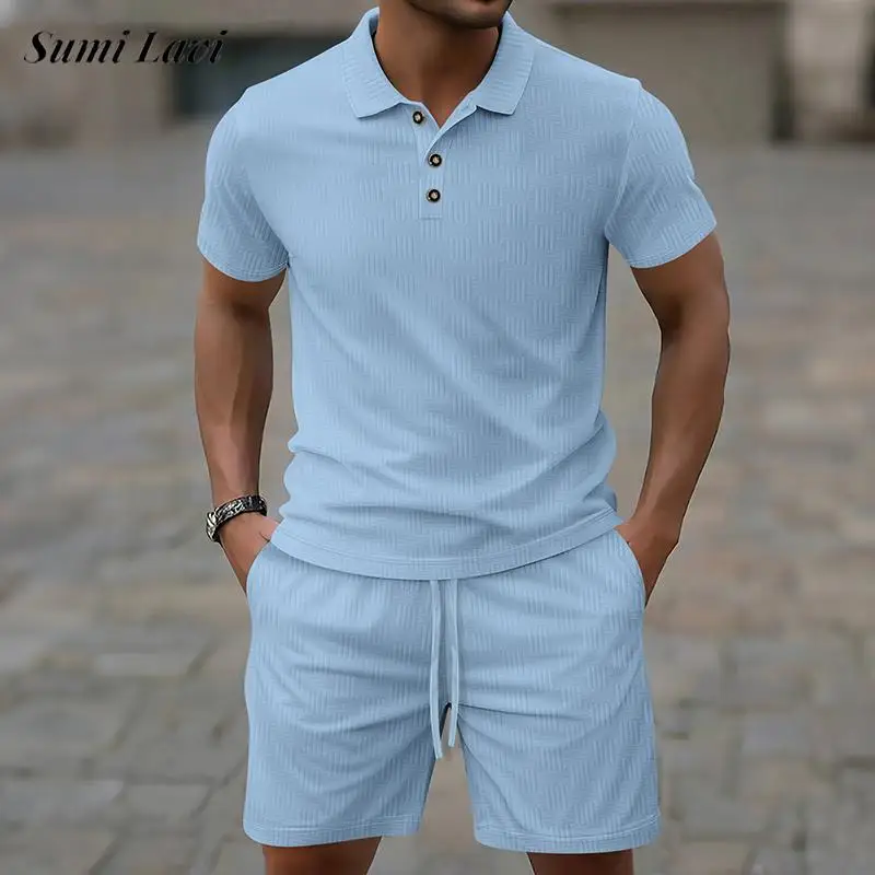 

Trendy Mens Jacquard Two Piece Set Vintage Button Lapel Short Sleeve Tops And Shorts Men Outfits Summer Daily Casual Solid Suits