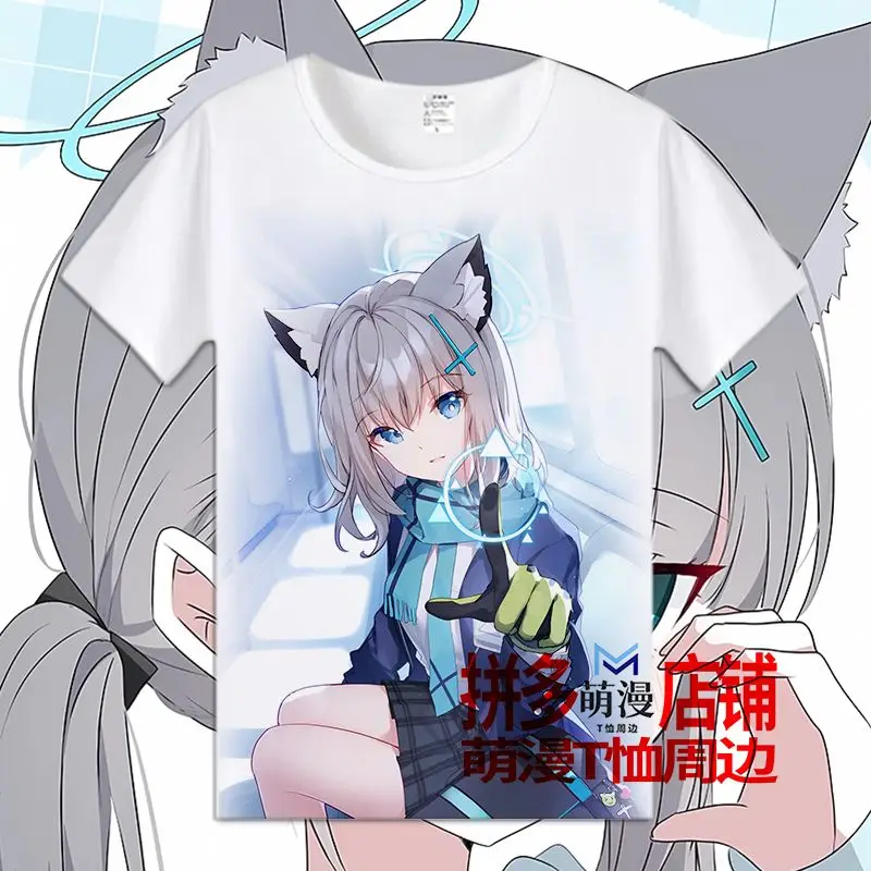 Game Blue Archive Sunaōkami Shiroko  Anime Fashion White Short Sleeve T-shirt Summer Top Male and female students clothes