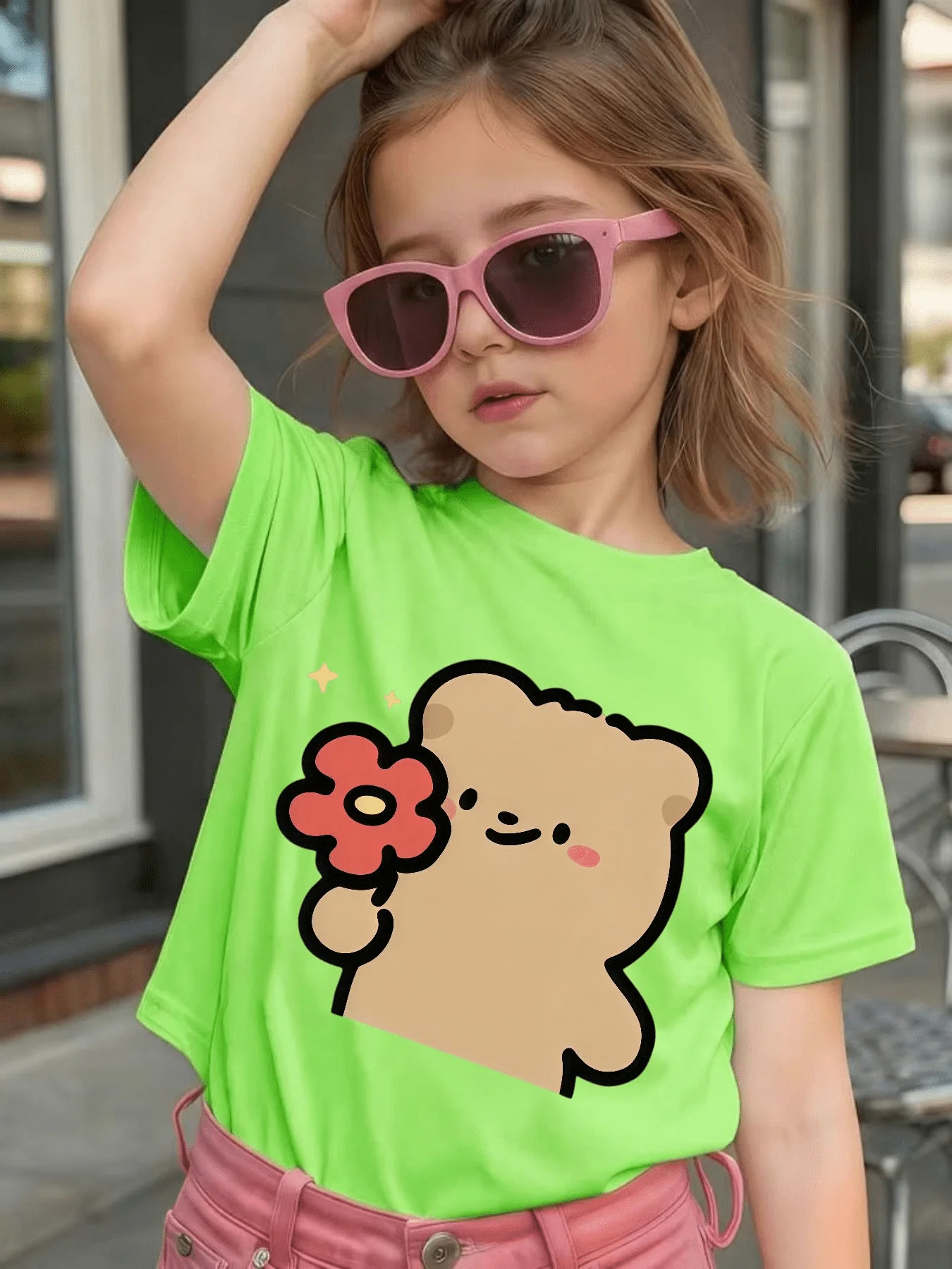 Flower Bear Cartoon Print Kids T Shirt Cotton Short Sleeve Boys Girls Parent Child Matching Sweet Summer Casual Daily Tees