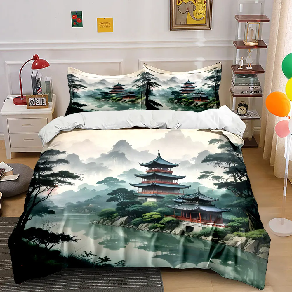 Classical architecture of mountains and rivers Print Bedding Set 1 Duvet Cover 2 Pillowcases for Adult and Children Luxury Gift