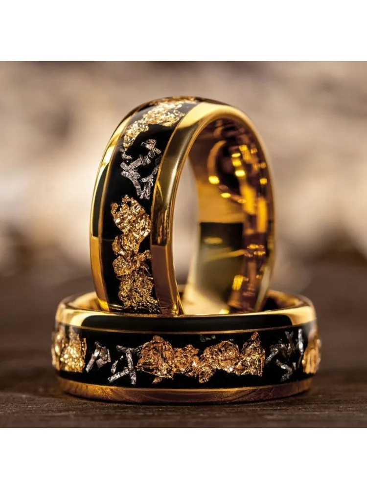 Bagues en acier inoxydable pour hommes, couleur or, incrustation de feuille d'or, bijoux de fiançailles, de mariage, bague en acier Unique pour cadeau, vente en gros, 8MM