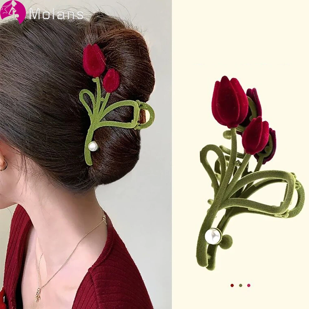 Retro Velvet Burgundy Tulip Pearl Hair Claws For Women Fashion Large Crab Hair Clip Hair Accessories Headwear
