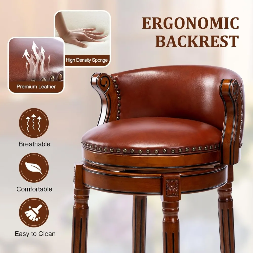 등받이와 발판이 있는 가죽 쿠션 회전 바 스툴, 카운터 높이, 가정 및 주방용 고무나무로 제작