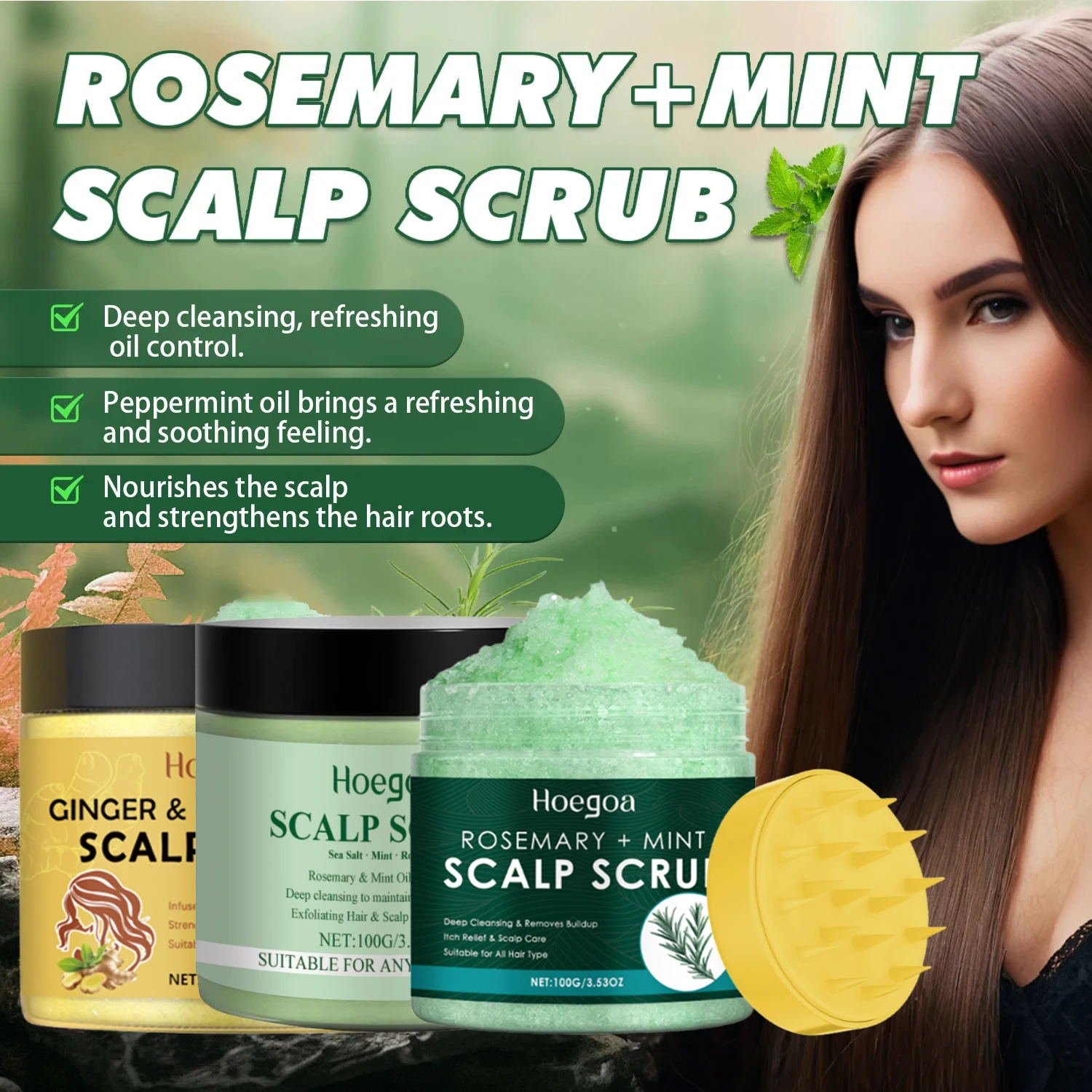 Rosmarin-/Ingwer-Kopfhaut-Peeling-Shampoo mit Massagekamm, Tiefenreinigung, Ölkontrolle, lindert Juckreiz, Schuppenentfernung