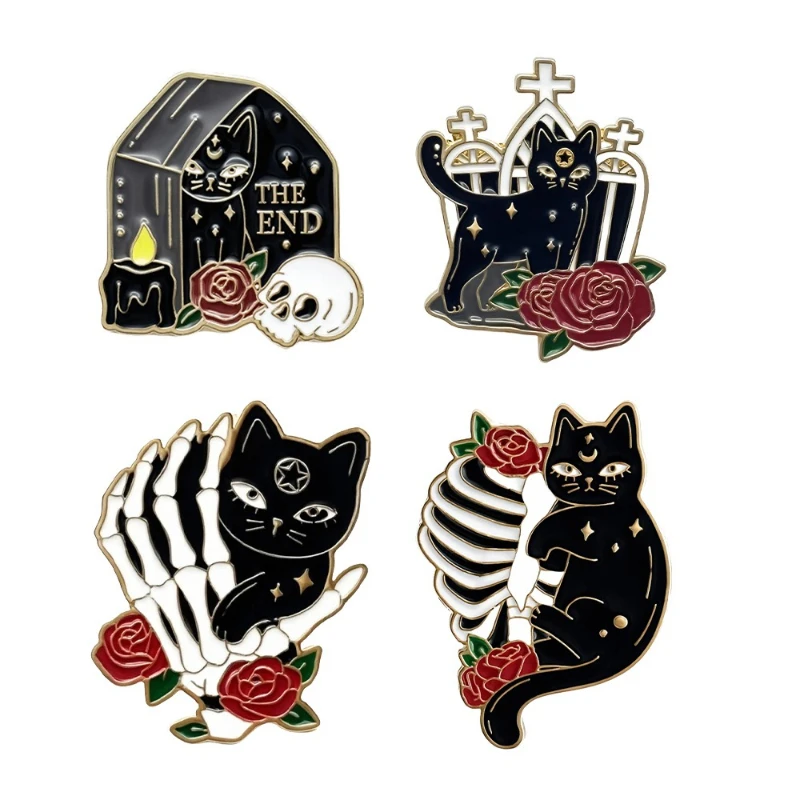 Halloween Black Cat Skull Hand Brooch Party Bar Gift Metal Badge Pin DIY Clothes Bags Shoes Hat Scarf T-shirt Jeans  Accessory