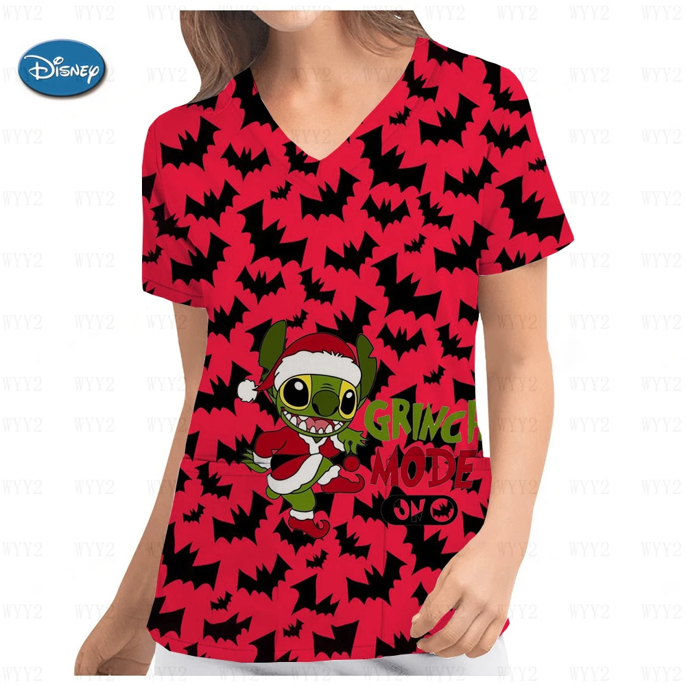 Kolekcja halloweenowa Disney Mickey Mouse Stitch Top Pocket damska letnia szpitalna koszulka Disney strój pielęgniarki Top kobiety 2023