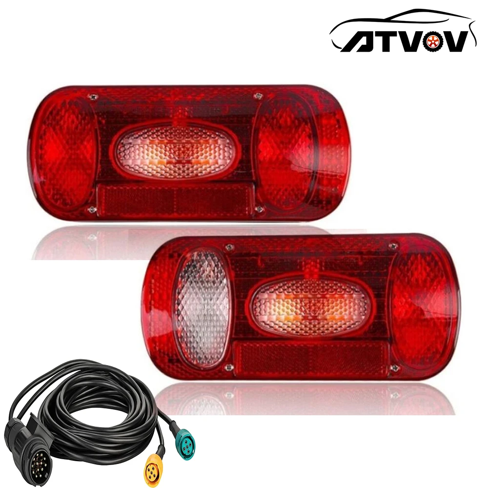 ATVOV 2x 12V 5 Functions Rear Tail Light Set Stop Brake Signal Number Plate Reflector Lamp 13 Pin Plug 5.5m Cable Truck Trailer