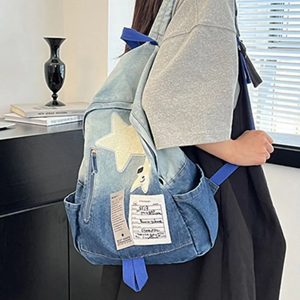 Fashion Large Capacity Denim Star Backpack Star Pattern All Match School Backpack Y2K Unisex Students Backpack Outdoor