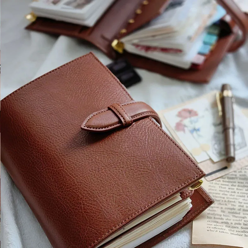 2026 Retro Coffee Rings Binder Genuine Pebbled Grain Leather Notebook Agenda Organizer Sketchbook