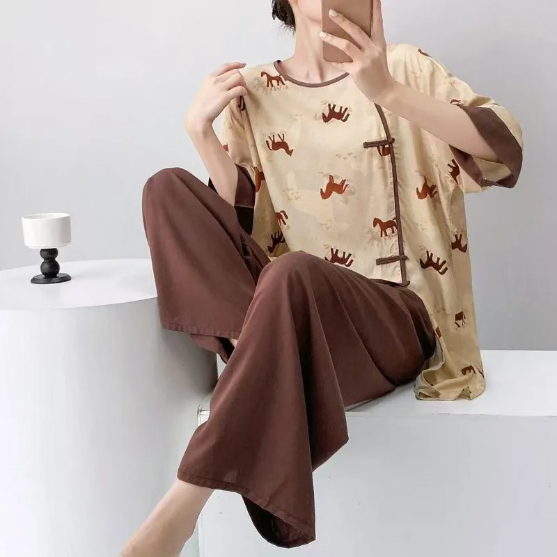 2026 Retro Printing New Chinese Style National Style Can Be Worn Outside Artificial Cotton Loungewear Thin Women's Pajamas Suit