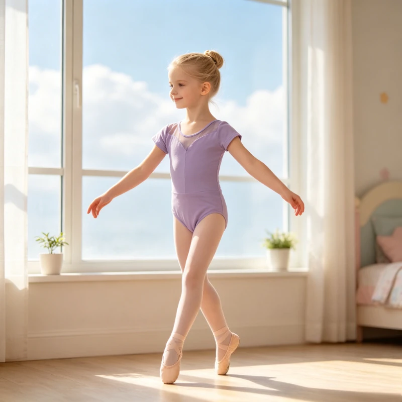 

Professional Girls Ballet Leotard Short Sleeve Sheer Mesh V-Neck Dance Bodysuit for Kids Gymnastics Leotard Ballet Dancewear