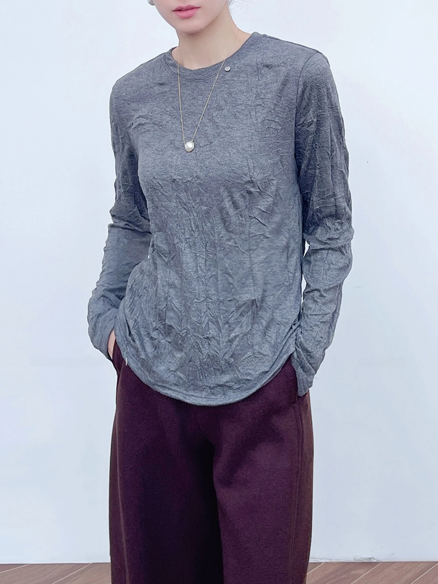 

Korean Faion round Ne Pure Color Pleated Slim Fit Long Sve Women's Top Casual Loose Sle Wool Blend Cotton Polyester