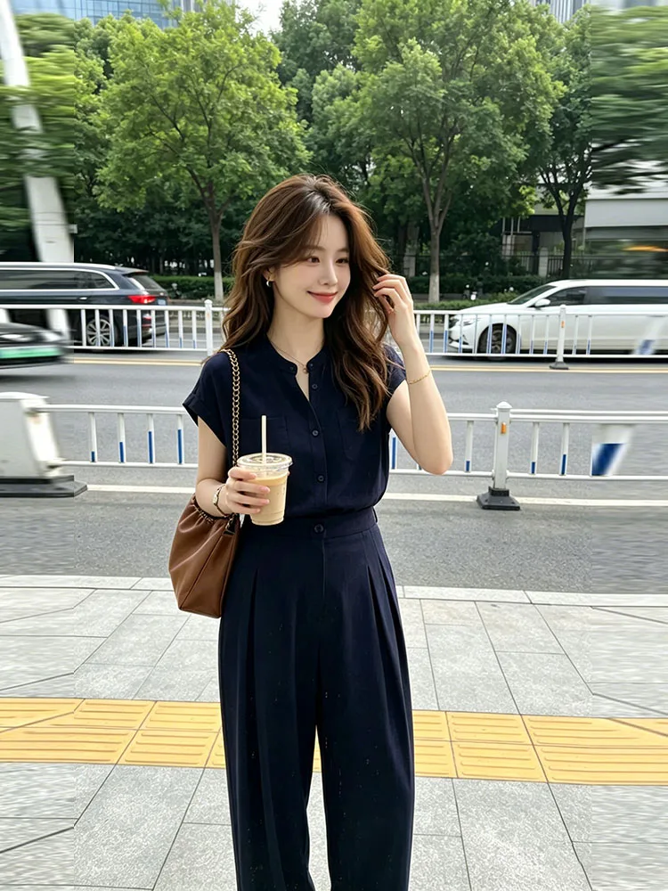 Retro Hong Kong Style Casual Loose Sleeveless Shirt Top Women's Summer Loose Feel Wide Leg Pants Set High Waist Long Pants