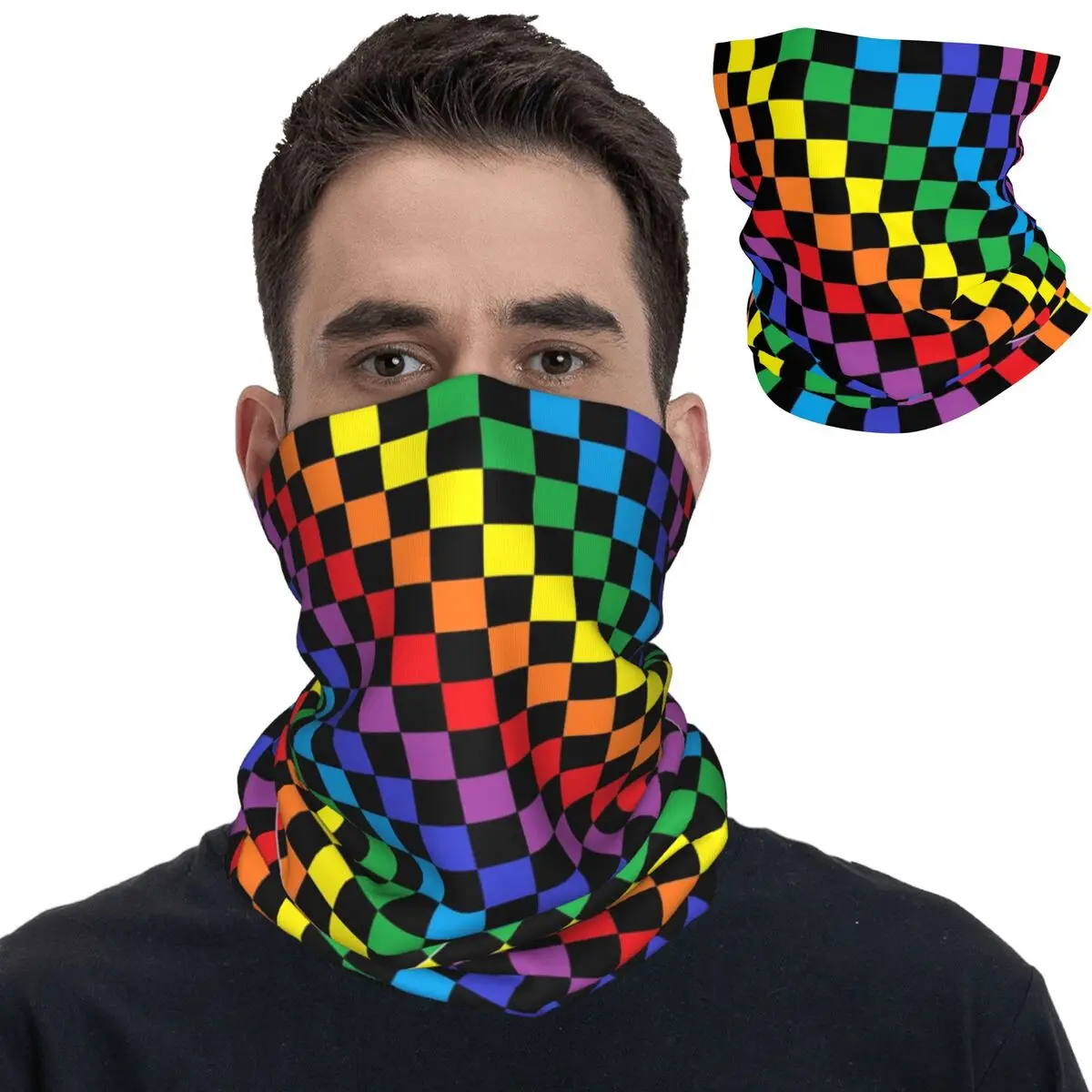 

Checkered Rainbow Black Bandana Neck Gaiter Printed Balaclavas Wrap Scarf Warm Headwear Hiking for Men Women Adult Windproof