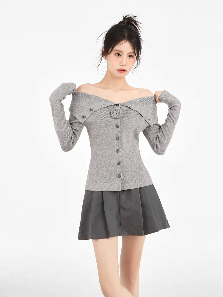 Long Sleeve Top Women'sGray off-Shoulder Lapel Knitwear Spring and Autumn Undershirt Sweater Three-Dimensional Flower Decoration