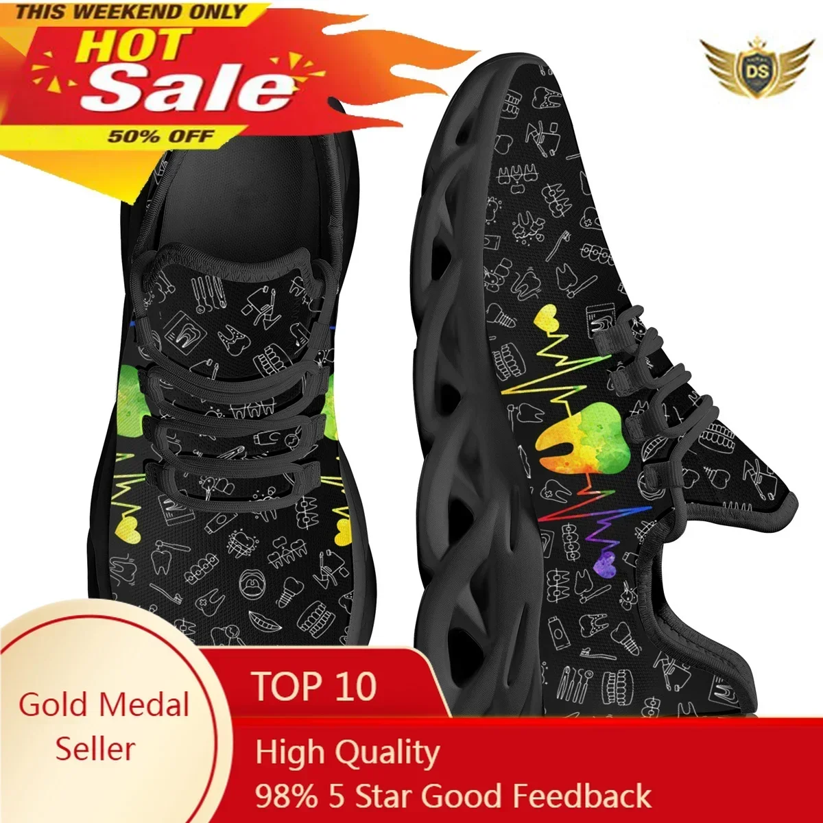 

Ladies Teeth Nursing Shoes Dental Medical Heartbeat Design Sneakers Casual Lightweight Lace-Up Vulcanized Shoes Footwear
