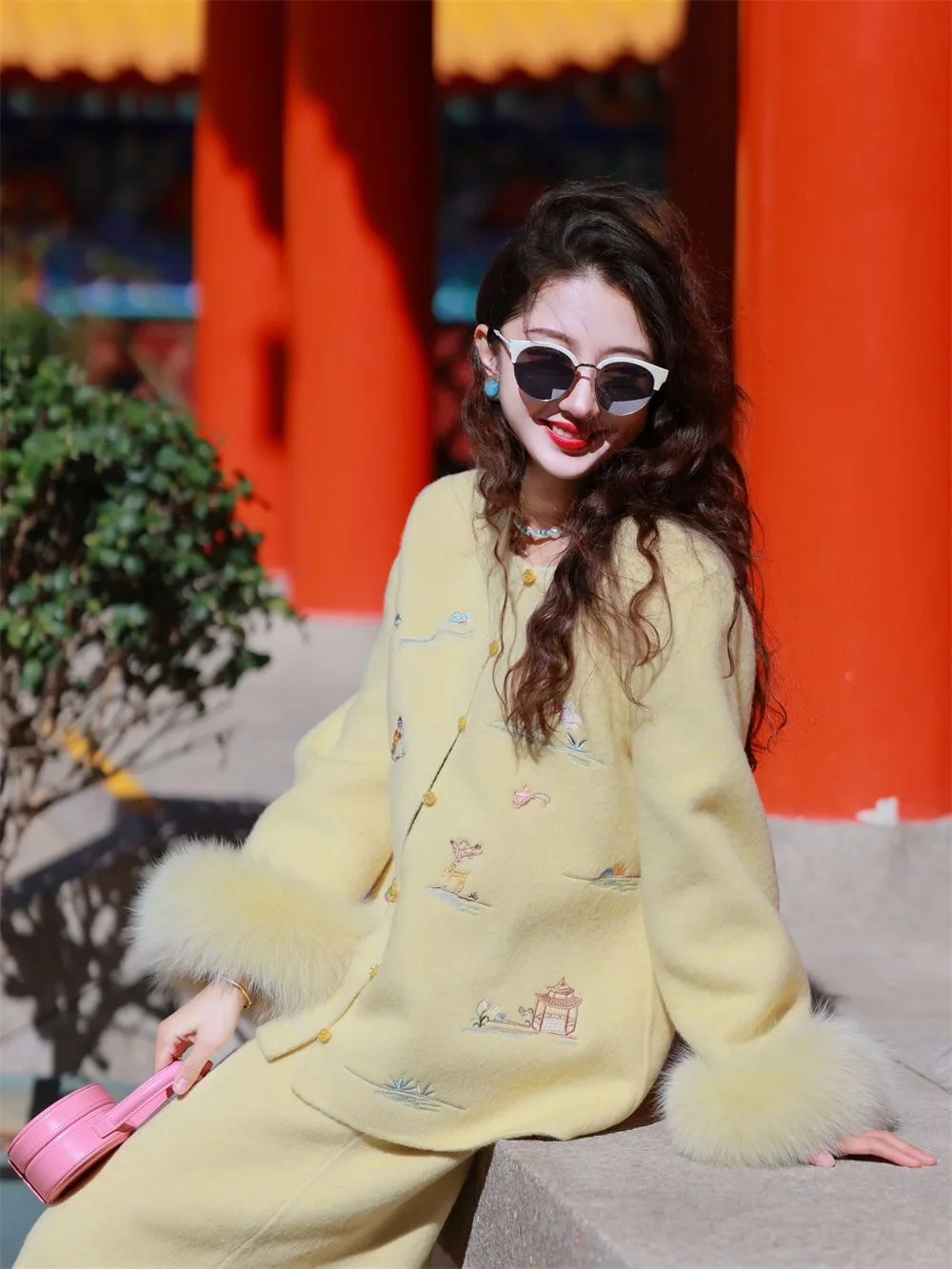 

Женский комплект из 2 предметов, юбка, желтое полушерстяное пальто с вышивкой и нечеткими рукавами, облегающая юбка-миди с высокой талией, неокитайский наряд Y2k