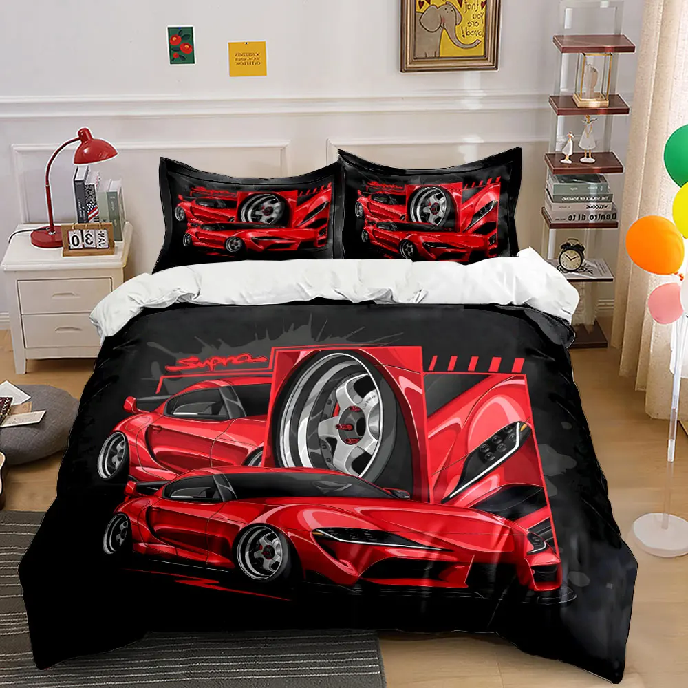 

Cool Red sports car design Pattern Duvet Cover Set Digital Print Colorful Polyester Bedding with Zipper Closur for kids gifts