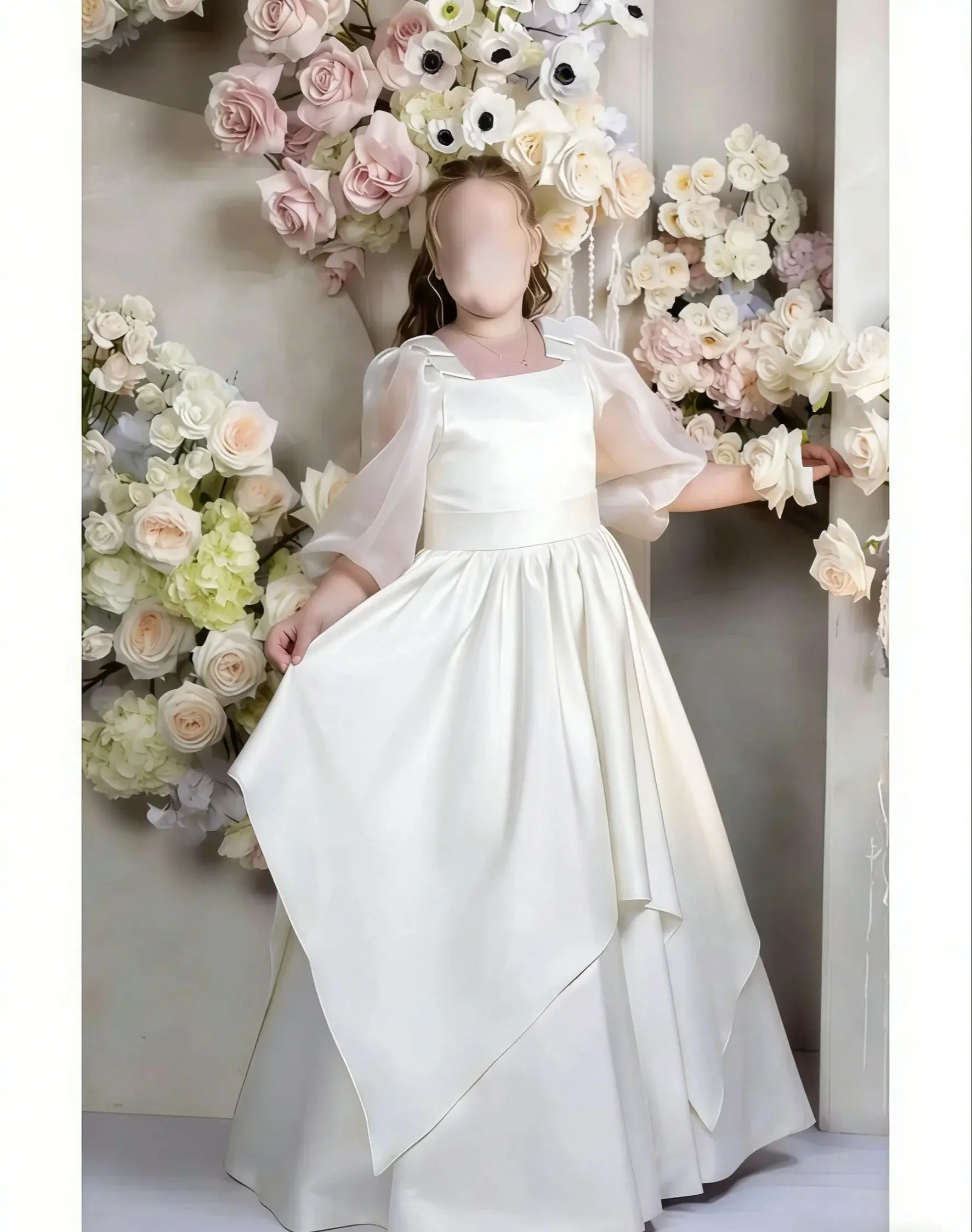 Elegant Satin Customized Organza Short Sleeves Flower Girl Dress for Wedding Kids Birthday Party First Communion Pageant Gown