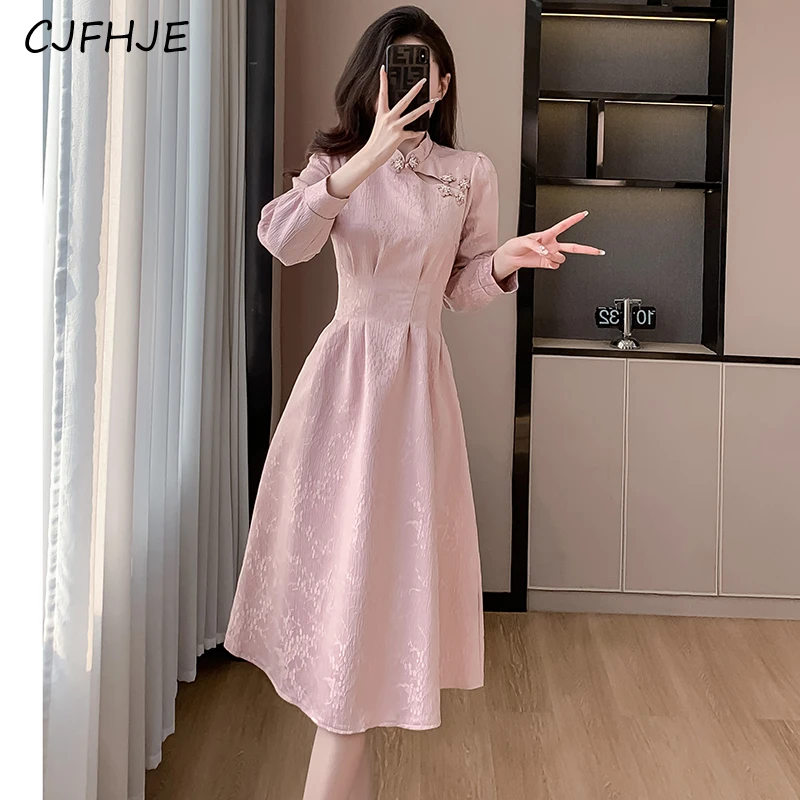 CJFHJE New Chinese Style Women's Pink Cheongsam Dress Fashion Elegant Temperament Long Sleeved Studded Jacquard Women Dresses