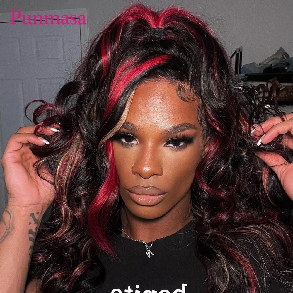 30Inch 13x6 Red Stripe Body Wave Human Hair Wigs Transparent Lace Front Wigs for Black Women PrePlucked 200%  13X4 Frontal Wig