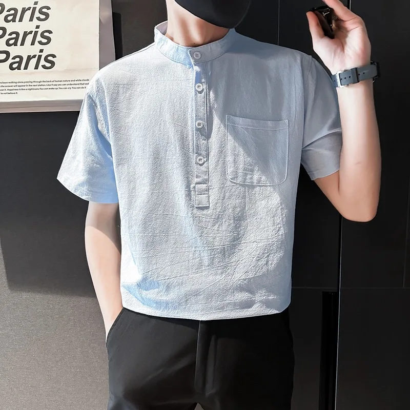 

Light Blue f Button Simple Summer Thin Cotton Linen ort Sve Men's Loose Versatile Color Casual Top Trendy