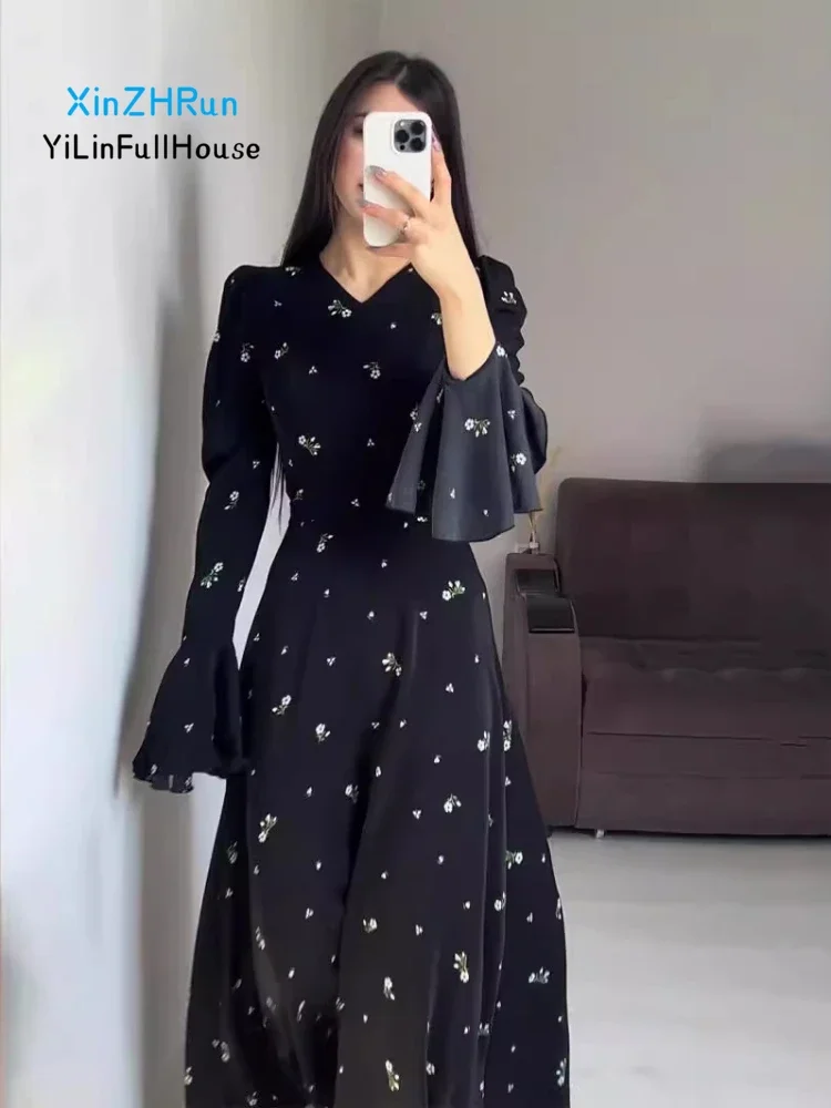 New Fashionable V-neck Ruffle Sleeve Lace Up Women\'s Dress High Waist Sexy Slim Fit Floral  Gentle Style Irregular Long Dress