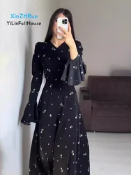 New Fashionable V-neck Ruffle Sleeve Lace Up Women's Dress High Waist Sexy Slim Fit Floral  Gentle Style Irregular Long Dress