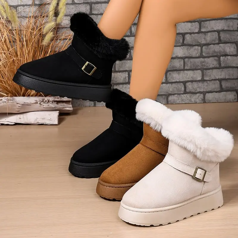 سميكة صوف مبطن أحذية الثلوج المرأة الرجعية الدافئة المضادة للانزلاق أحذية قطنية مع حزام مشبك كعب سميك الشتاء نمط جديد