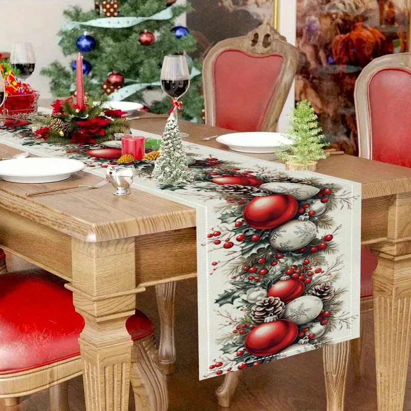 VIKAMA Table Runner Red Bauble Pinecone Holly Berry White Dining Table Decor Holiday Dinner Party Family Gathering Winter