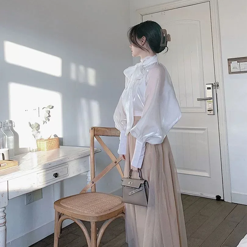 Holographic Fairy Bright Elegant Women Tops Loose Long Lantern Sleeve Shirts Bow Summer Autumn Senior Blouse French Romantic Top