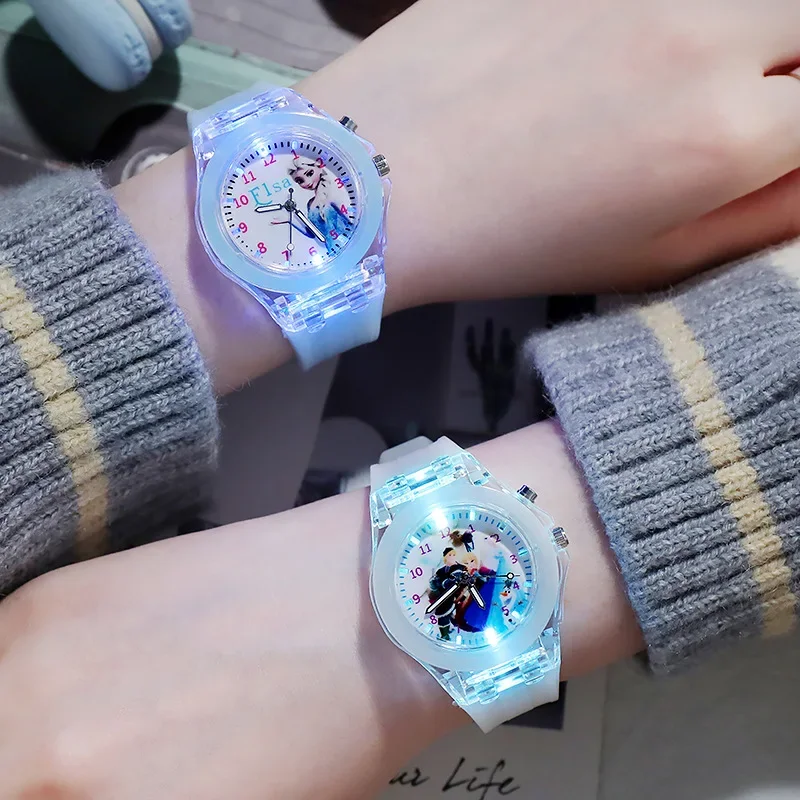 Disney Girls Kids Watches Children Watch Frozen Princess Aisha Sophia Luminous Student Colorful LED Light Women Lady Clock