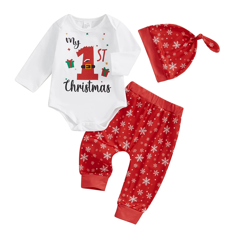 

Baby Boys Christmas Outfits Letter Print Crew Neck Long Sleeve Rompers Snowflake Print Long Pants Hat 3Pcs Clothes Set