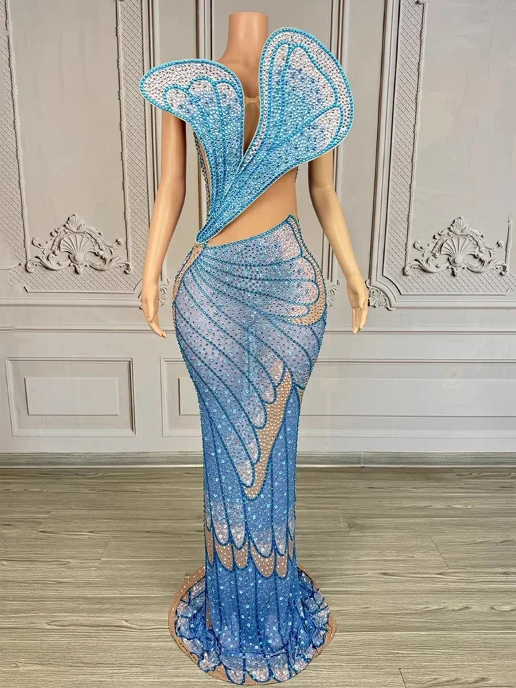 الوقوف التدريجي تألق حجر الراين ثوب مسائي 3D فراشة قطع فستان شبكي شفاف احتفال احتفالي السجادة الحمراء المدرج ثوب