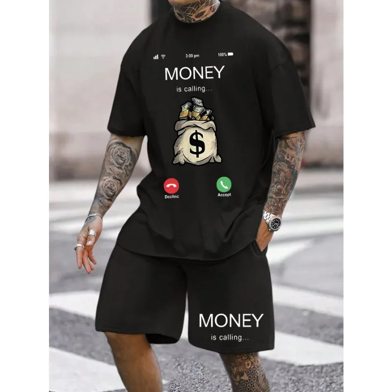 Men's Summer Two-piece Personalized Money Call Printed T- Shirt Casual Outdoor Sports Short Sleeve Shorts Men's Clothing