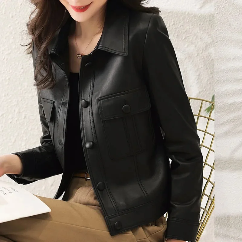 Spring Female Leisure PU Leather Jacket 2025 Women Fashion Short Leather Coat Retro Ladies Long Sleeves Faux Leather Outwear
