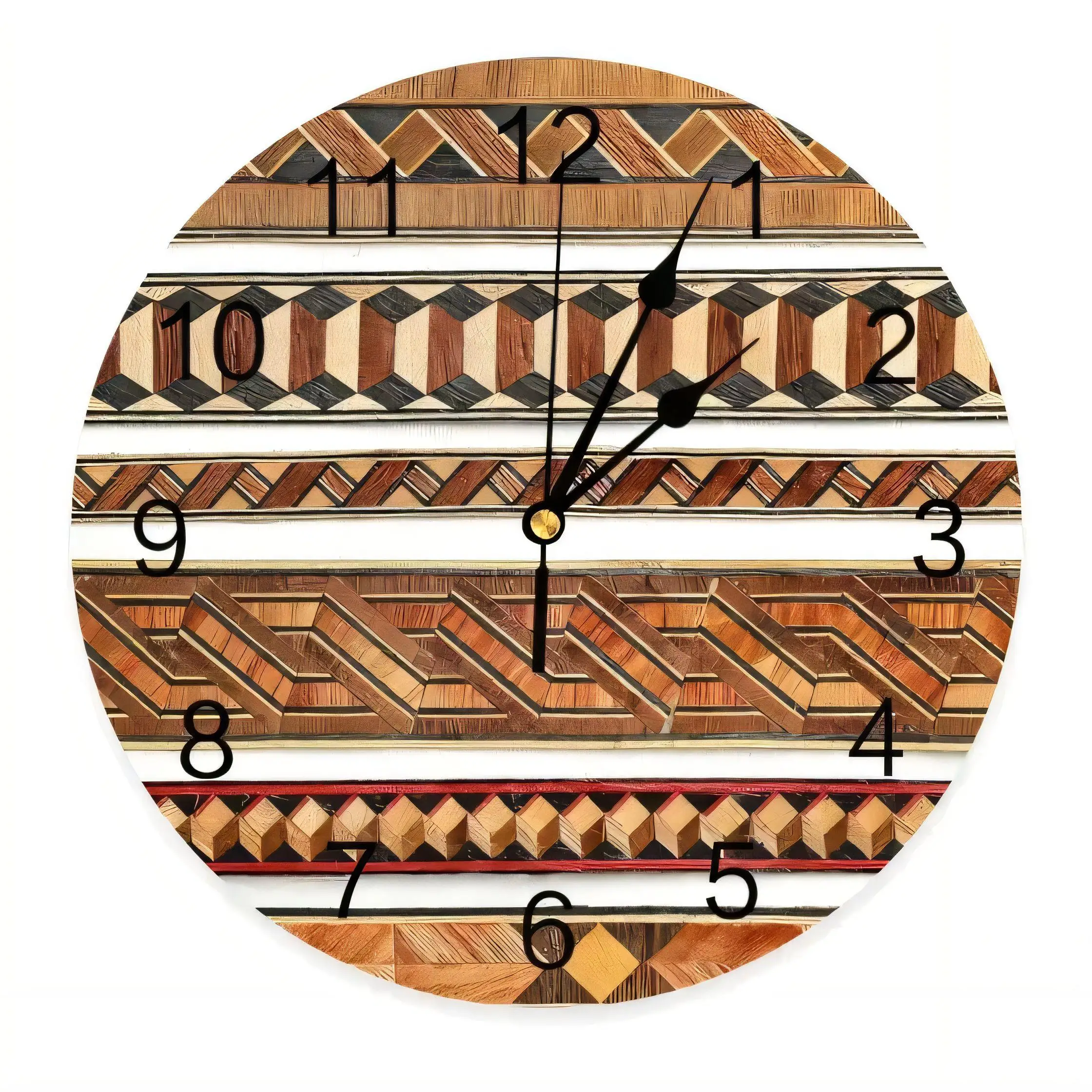 African Tribal Geometric Wall Clock , Earthy Tones Decorative Home Office Art