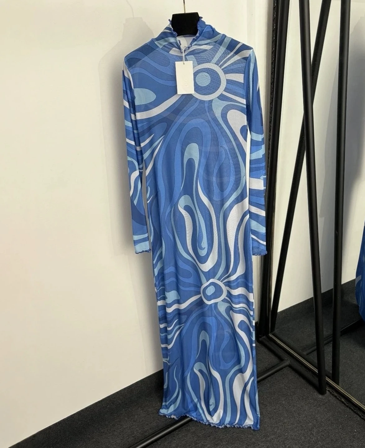 Party fashion elegant geometric color blocked printed floor length skirt, semi high neck slim fit long sleeved mesh dress image 3