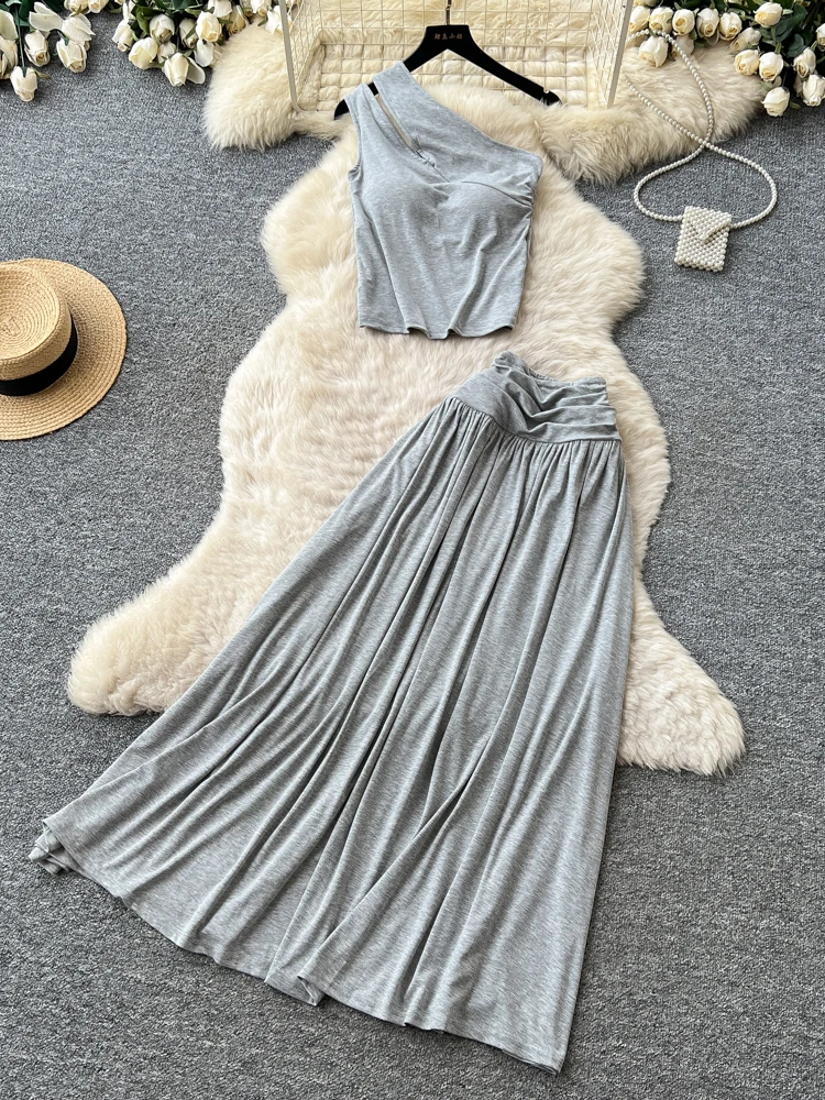 

Fashionable High Waist Asymmetrical Shoulder Lazy Style Half Skirt Slimming Elegant Summer Set Women's Business Casual Outfit