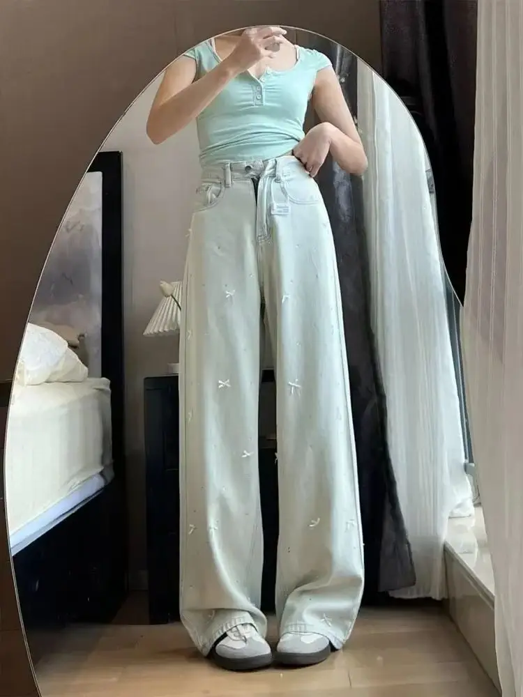 Herbst Koreanische Bogen Heißer Diamant Lose Fit Große Größe Frauen Breite Bein Jeans Mode Lässig Gerade Bein Vielseitige Jeans für Frauen