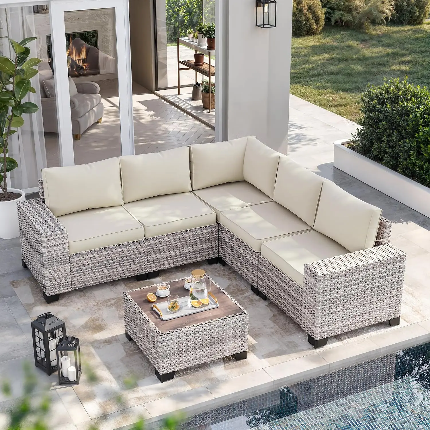 Outdoor Sectional Sofa PE Wicker Rattan with Chunky Arms Thickened Cushions & Glass Table for Patio Garden Backyard, Customized