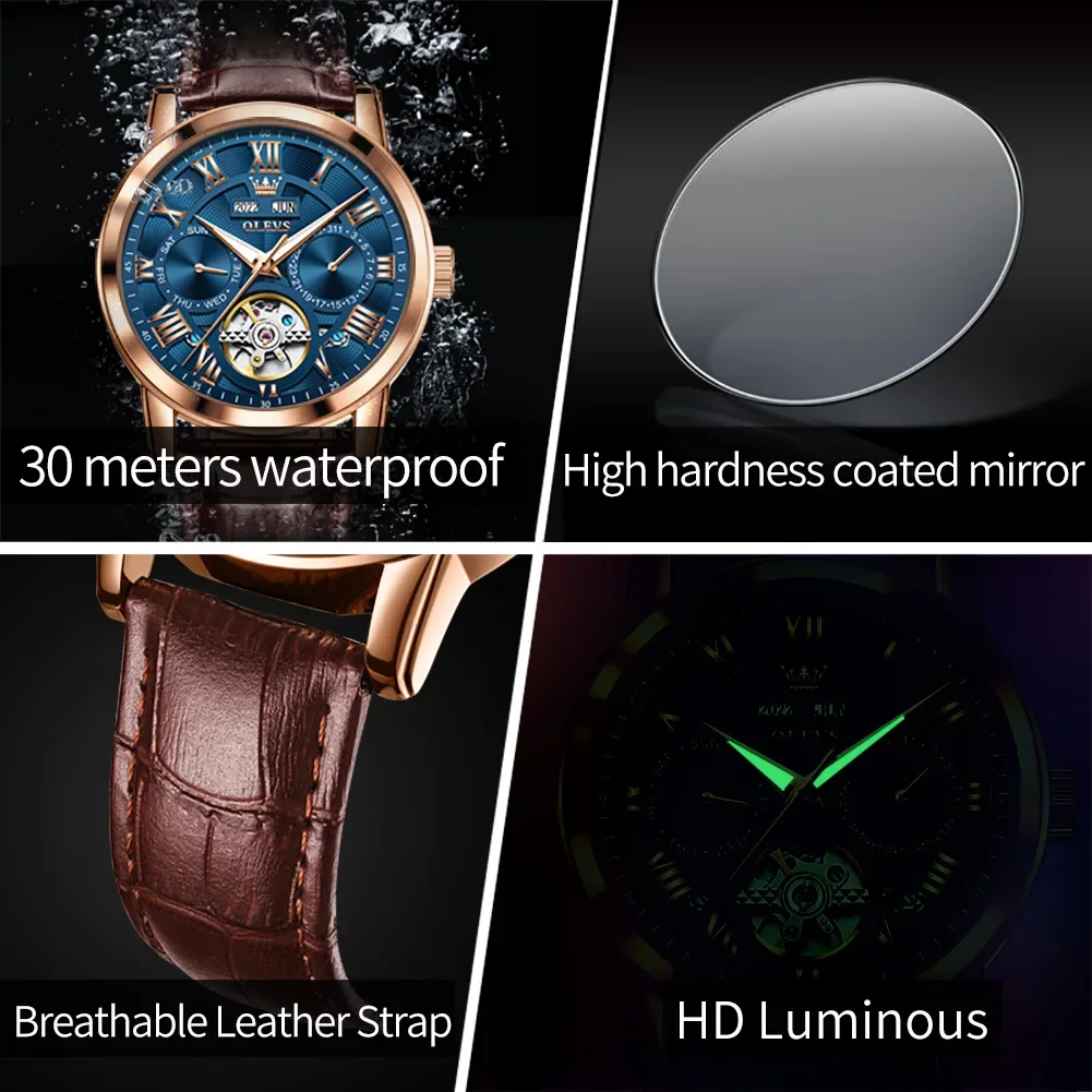 OLEVS relojes mecánicos automáticos para Hombre correa de cuero resistente al agua luminoso doble calendario Dial relojes de pulsera para Hombre