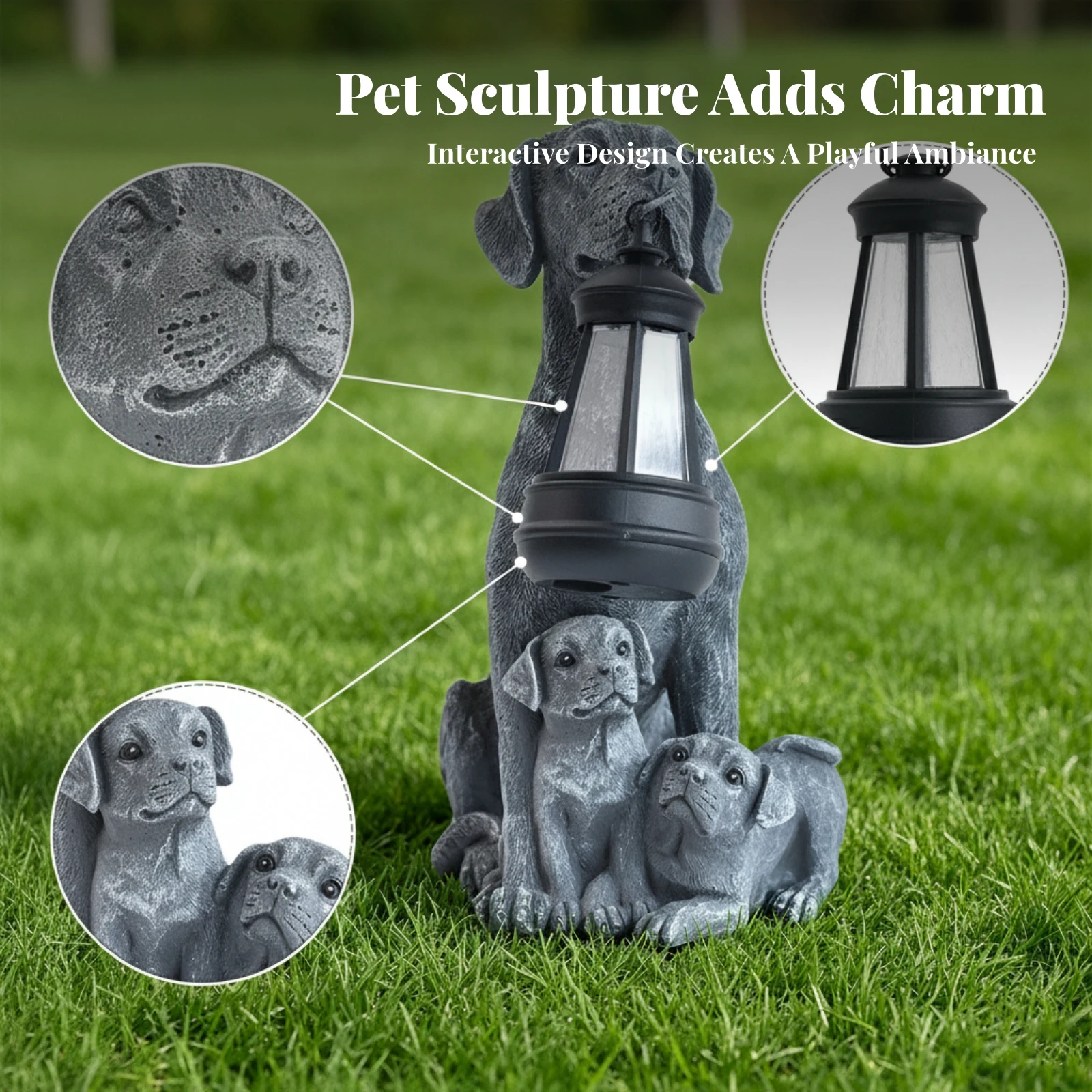 Cement-Gray Outdoor Decoration Solar Lantern Dog Statue for Garden