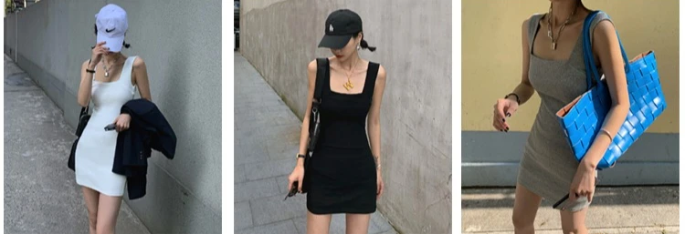 AOSSVIAO Sexy Slim Fit Bodycon Minikleider für Frauen 2026 Sommer Neuankömmling Schwarz Weiß Grau Tankkleid mit quadratischem Ausschnitt – Detail 1