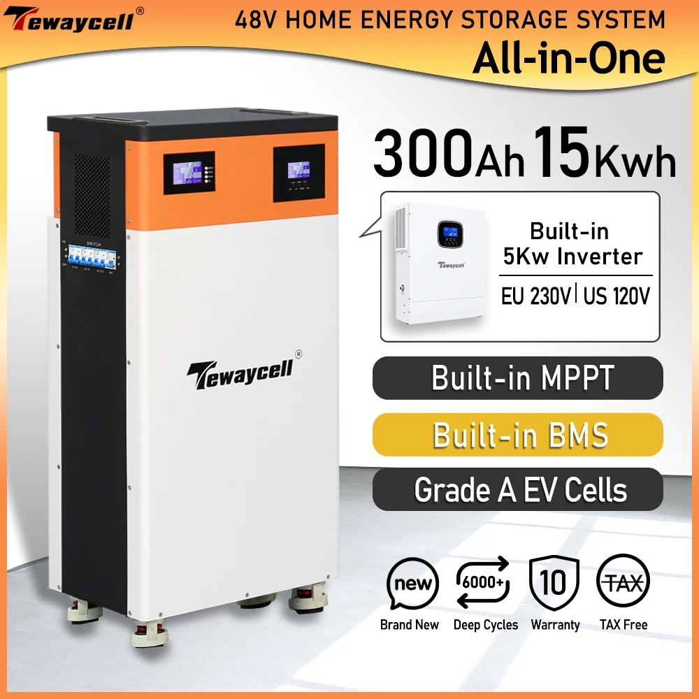 Tewaycell All in One 48V 300Ah 15KWh Powerwall 51.2V LiFePO4 Battery Built-in 5KW Inverter ESS Solar Energy System EU No Tax