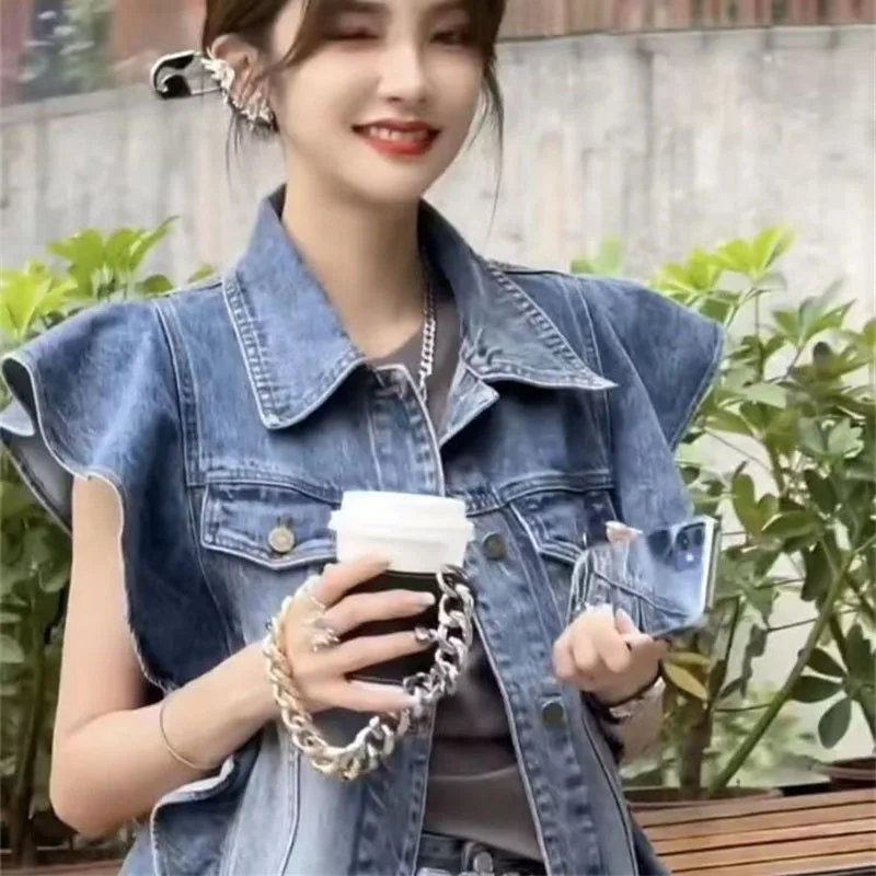 Fashion Denim Vest Women's Waistcoat Summer Thin  Versatile Short Shoulder Sleeveless Vests Jacket Denim Coat Outerwear