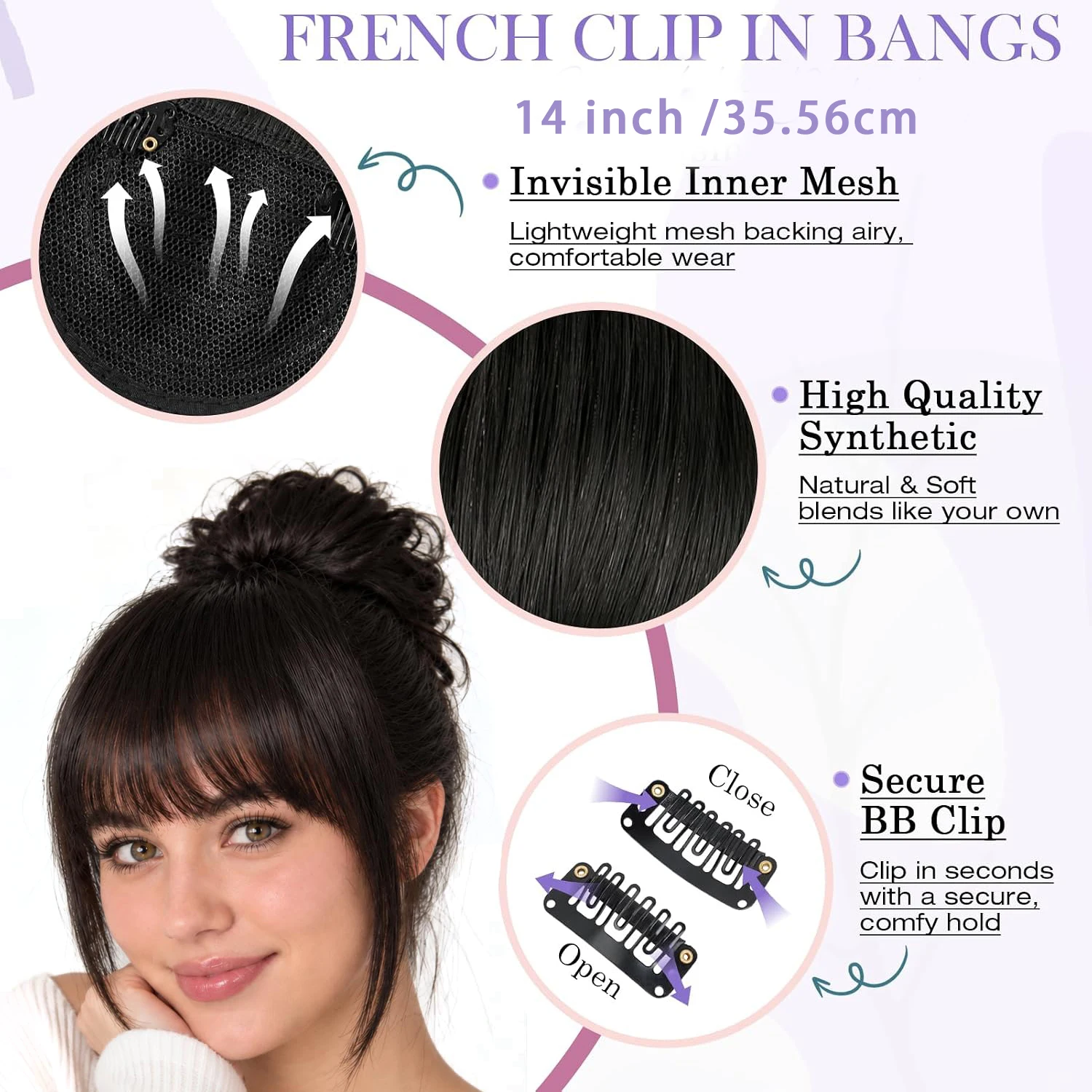 Hair Clip in Bangs, French Fake Bangs for Women Clip on Bangs Fringe with Temples Hairpieces, Easy Clip-On Design, Synthetic