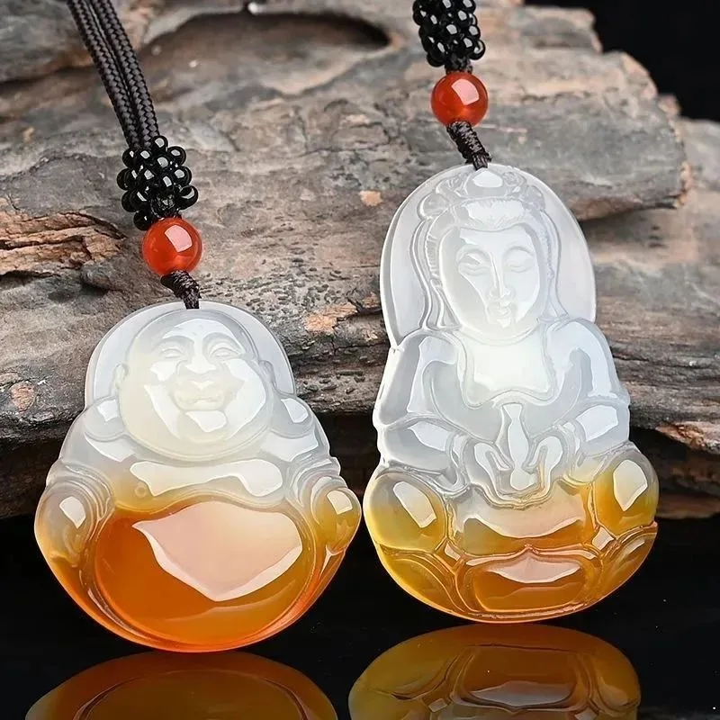 

Модный парный кулон из высококачественного ледяного агата (халцедона) с Гуаньинь и Смеющимся Буддой