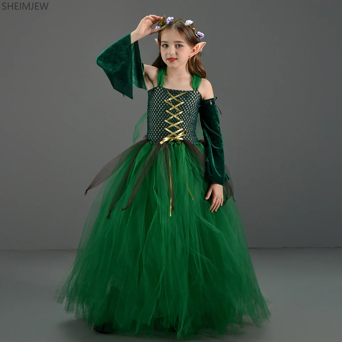 Halloween Girl Forest Elf Cosplay Long Dress Kids Green Ballet Dresses Carnival Fairy Forest Outfit Theme Party Stage Dress Up