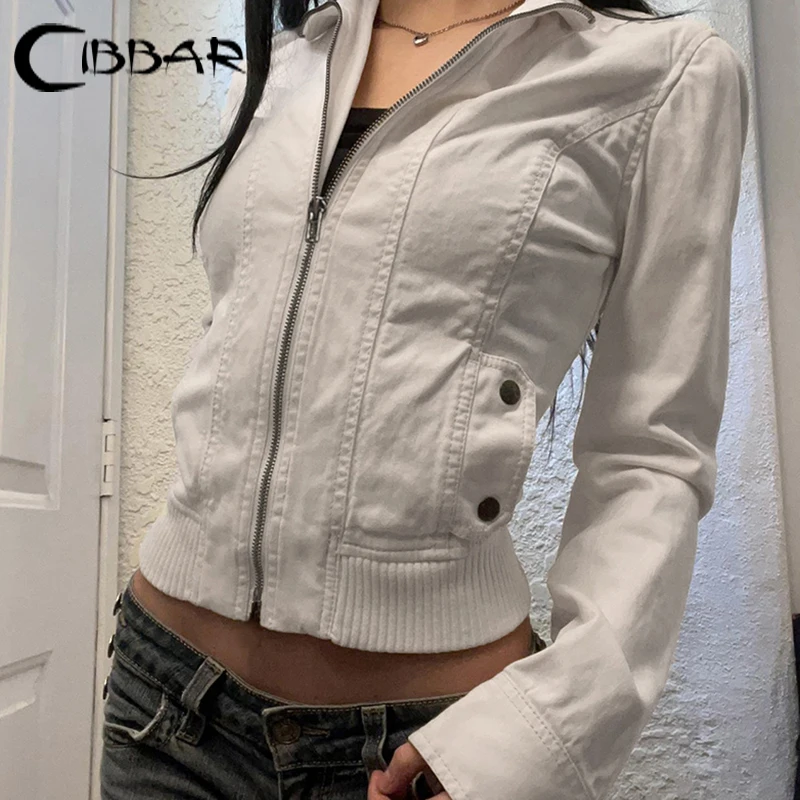 CIBBAR Patchwork Zip-up Cropped Jacket y2k Streetwear Full Sleeve Turtleneck Pockets Coat for Women Vintage 2000s Clothing Basic